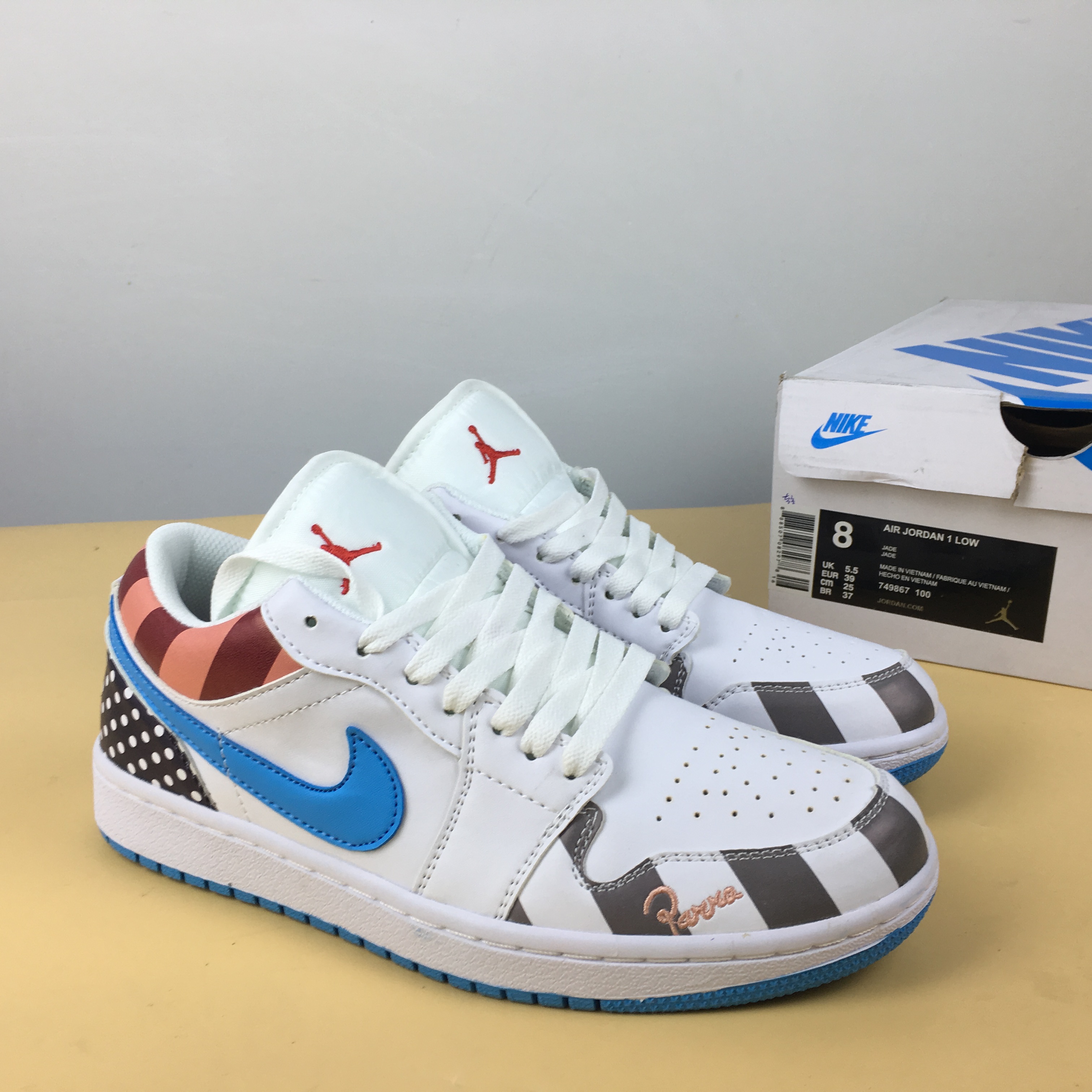 Air Jordan 1 GS Pig Pecs White Blue Red Shoes - Click Image to Close